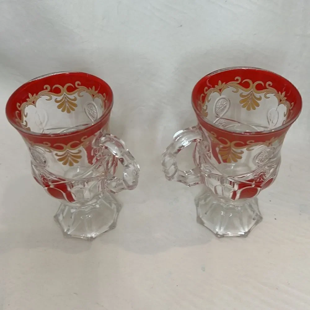 Bohemian Pressed Glass Mug 6 Oz 5 In Tall 2 3/4 In Round Red Gold Set Of 2